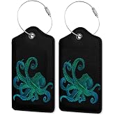 2 Pack PU Leahter Luggage Tag with Stainless Steel Loop,Green Octopus Luggage Tag Travel Suitcase Labels with Privacy Cover ID Label Quickly Spot for Bags & Baggage