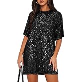 MIYIEONZ Women's Crew Neck Sequin Dress for Women Sexy V Neck Shirt Dress Sparkly Half Sleeve Loose Party Club Cocktail Dress