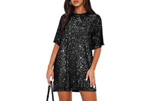 MIYIEONZ Women's Crew Neck Sequin Dress for Women Sexy V Neck Shirt Dress Sparkly Half Sleeve Loose Party Club Cocktail Dress