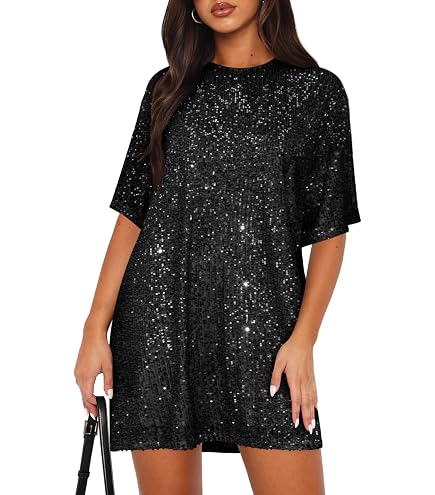 cu4eve Sequin T Shirt Dress for Women, Women's Summer Sparkly Glitter Short Sleeve Midi T-Shirt Dress Plus Size Loose Blouse Pink at Amazon Women's Clothing store