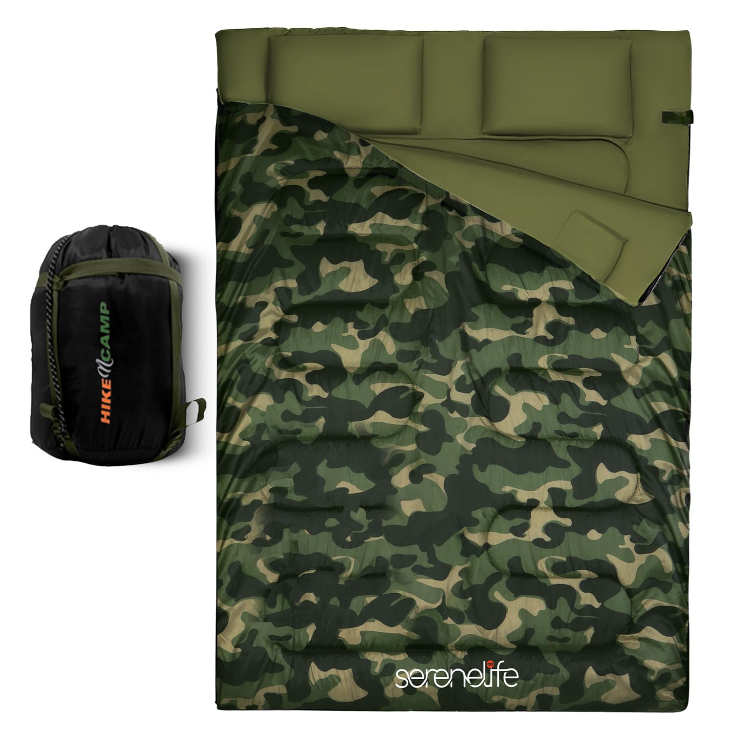 Photo 1 of SereneLife Backpacking Sleeping Bag Camping Gear - Double Sleeping Bag for Adults/Teens w/ 2 Pillows, Bag - Outdoor Lightweight Weather Proof Sleeping Bags - Camping, Hiking - SLSBCA (Camouflage)