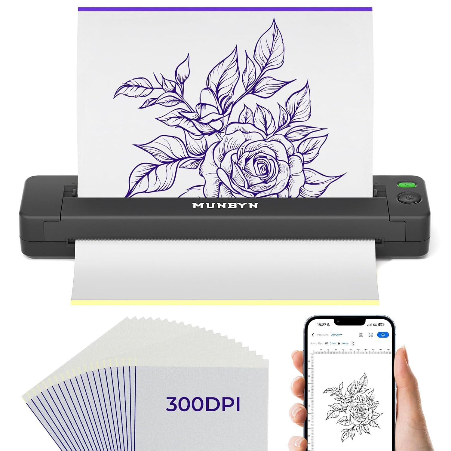 Photo 1 of MUNBYN Tattoo Stencil Printer ITP06, 300DPI Wireless Thermal Tattoo Printer with 20 Transfer Papers, Tattoo Printers Compatible with Smartphone & PC for Tattoo Artists & Beginners