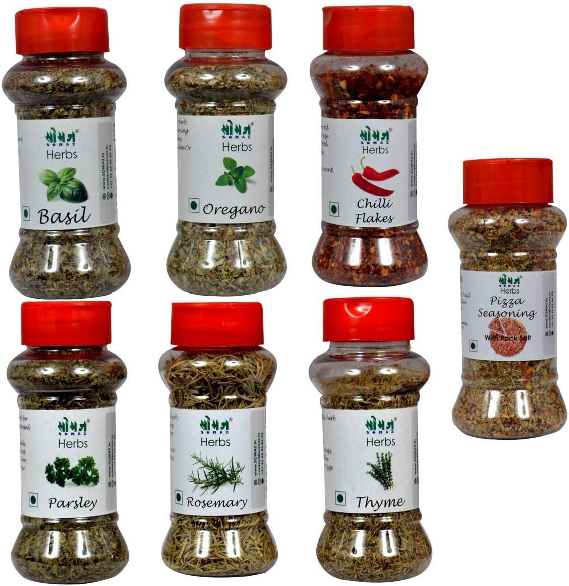 SOMAZ Oregano, Basil, Parsley, Red Chilli, Thyme, Rosemary and Pizza Seasoning Total Weight - 230 Grams (Combo of 7) No MSG, All Natural, No preservatives, Pure Herb