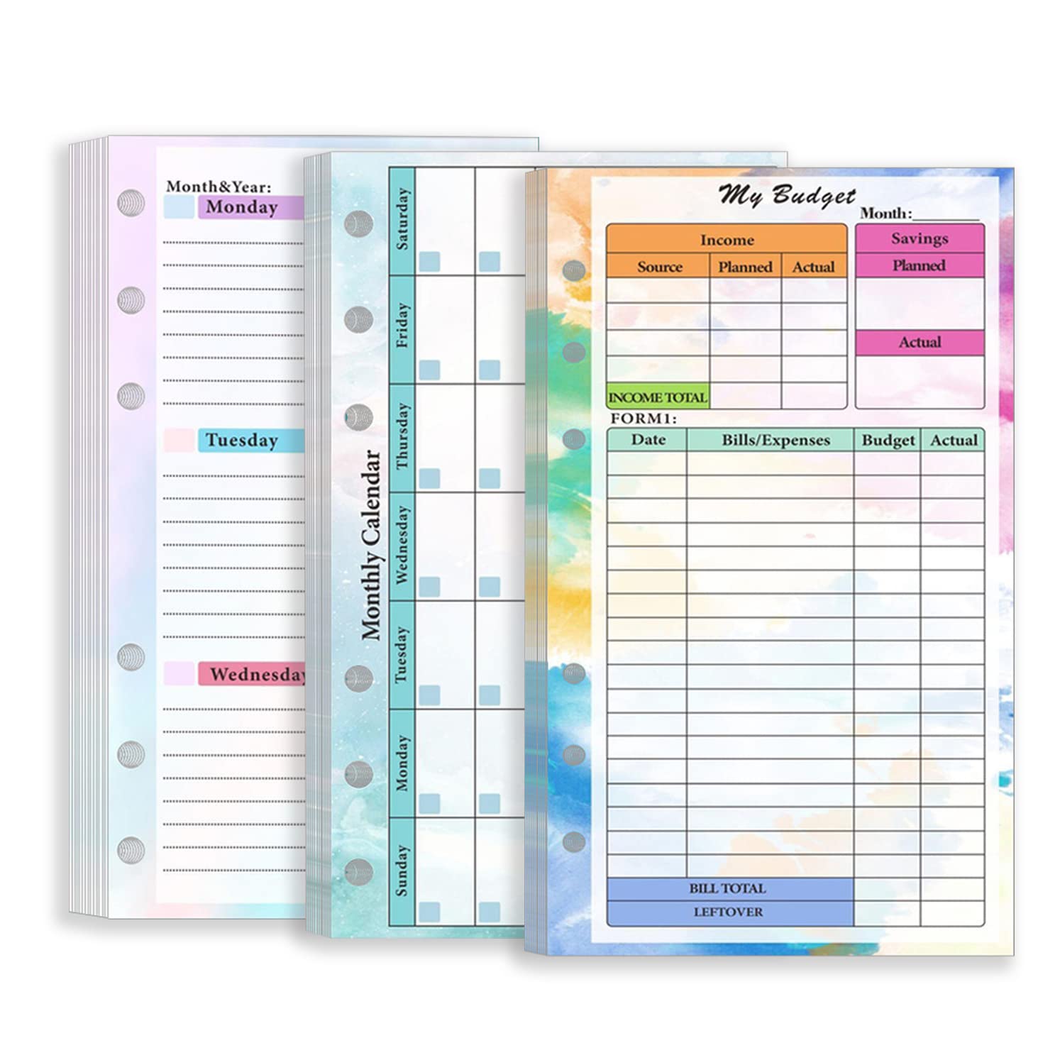 Zelten Colorful Loose Leaf Punched Paper Refills Paper for 6 Hole Binder Personal Organizer Diary Notebook Refillable Planner (Budget Weekly Monthly Planner, A6)