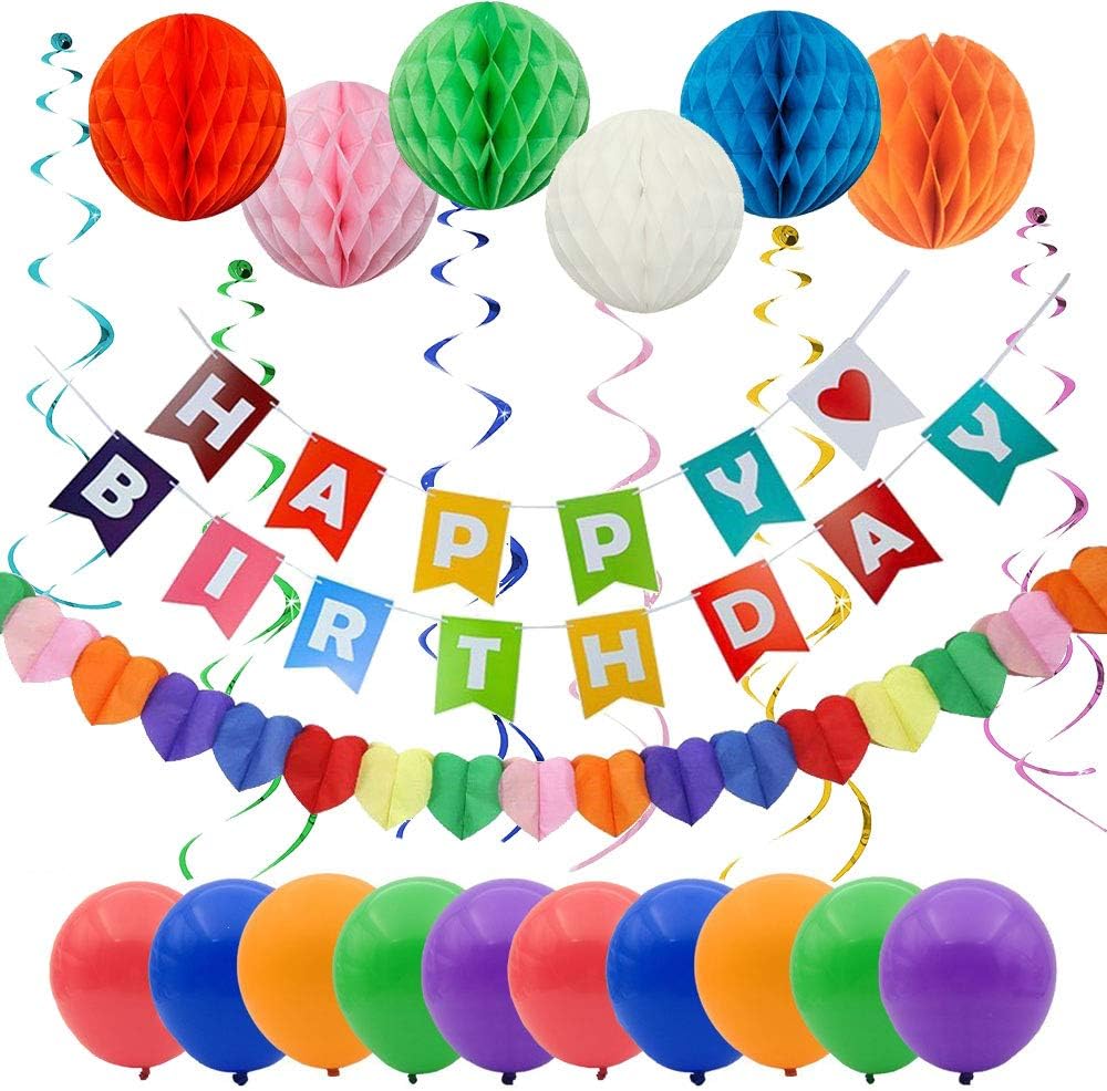 MEGON Happy Birthday Party Decorations, Banner, Rainbow Heart-Shape Paper Garland, 6x Paper Honeycomb Balls, 6x Hanging…