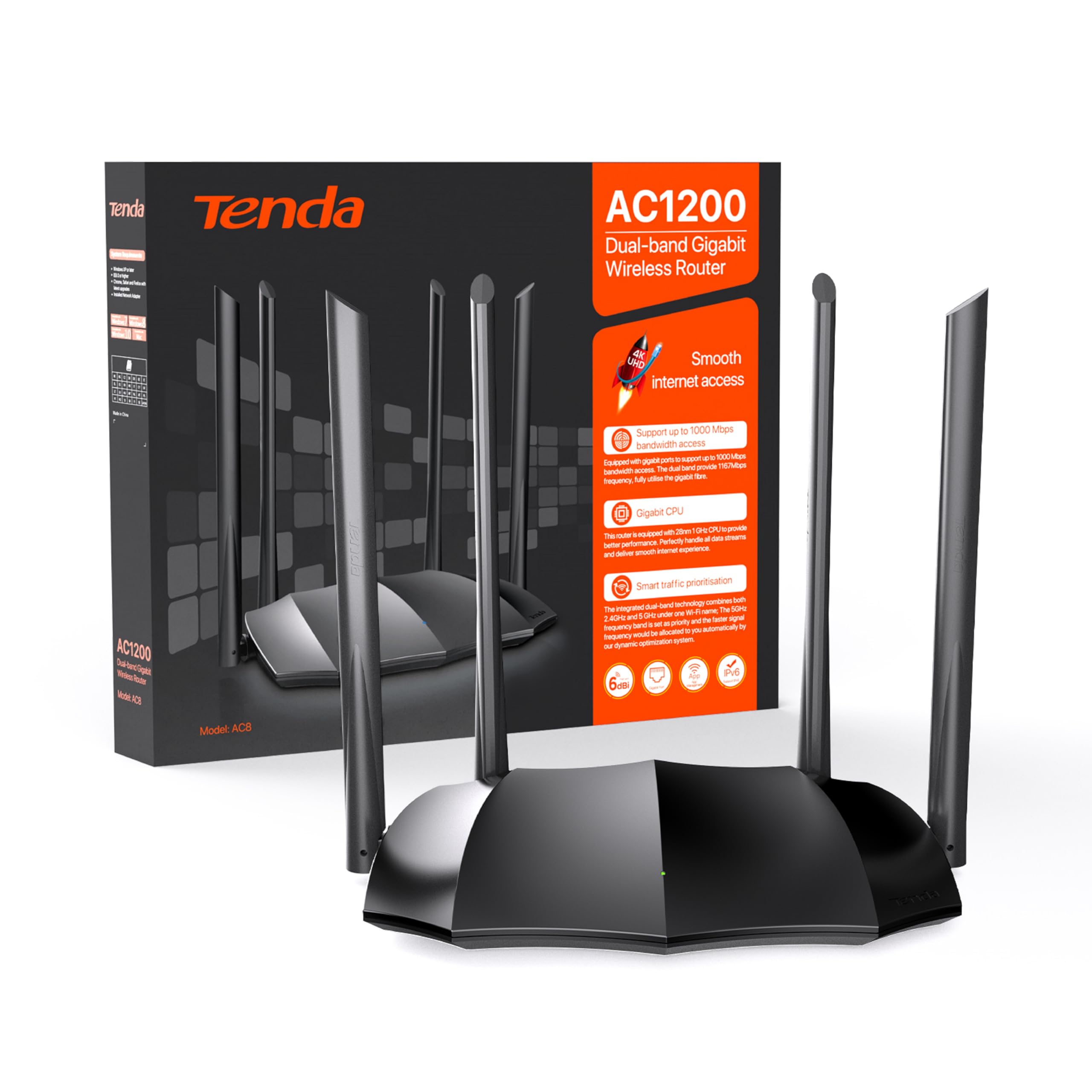 Tenda AC8 Router WiFi AC1200 - Wireless Router with Dual Band 5GHz/2.4GHz, 3xWAN/LAN Gigabit Ports, 4x6dBi Antennas, Repeater Access Point Mode, Beamforming, MU-MIMO, APP Control, IPv6, WPS