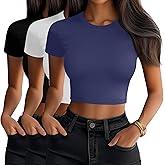 Neer 3 Pack Women's Crop Tops, Crew Neck Short Sleeve Cropped Shirts Slim Fitted Summer Casual Workout Basic Tight Tees