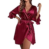 Ekouaer Women's Satin Robe Valentines Lingerie for Women Kimono Bathrobe Short Ruffle Belted Robes Bridesmaids Sleepwear