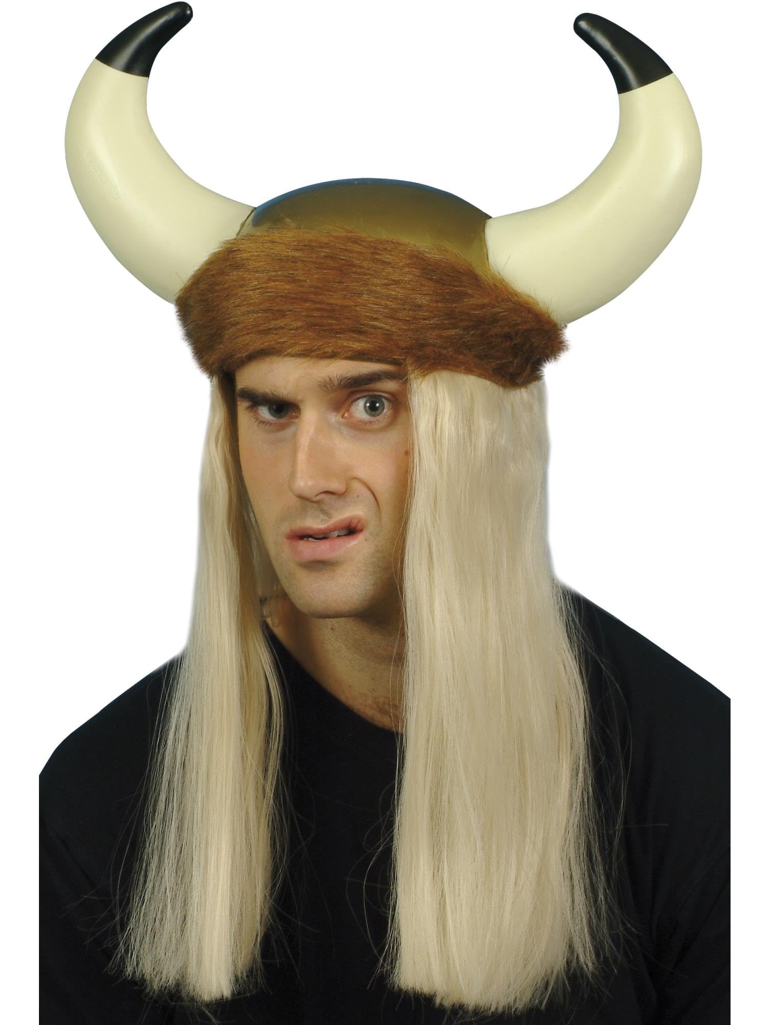 Smiffys Viking Helmet, Brown with Horns, Long Blonde Hair and Fur Trim, Historical Fancy Dress, Adult Dress Up Hats