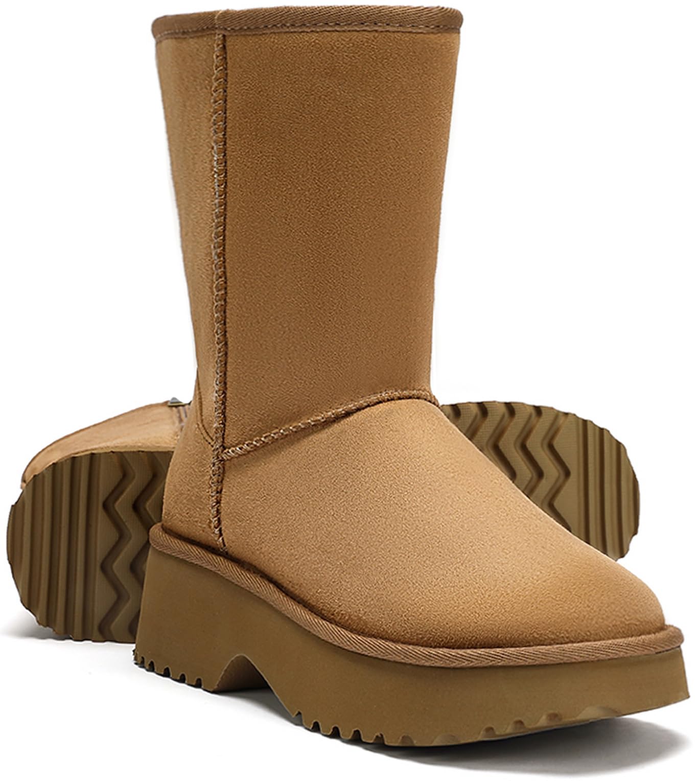 DOBOLIN Women's Snow Boots for Women Genuine Suede Mid Calf Boot with Side Zipper Comfortable Warm Winter Boot Anti-Slip Outsole Outdoor Brown Size 9