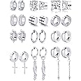 Ofeiyaa 12 Pairs Magnetic Stud Earrings Stainless Steel CZ Hoop Punk Feather Dangle Hinged Non-Piercing Earrings Clip on Magnet Earring Set for Women Men Silver Black Tone