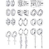 Ofeiyaa 12 Pairs Magnetic Stud Earrings Stainless Steel CZ Hoop Punk Feather Dangle Hinged Non-Piercing Earrings Clip on Magnet Earring Set for Women Men Silver Plated