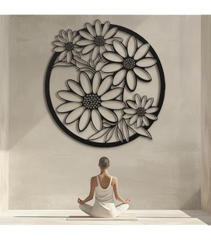 Tawinone Arte De Pared De Girasol De Metal, Decoración De Pared De Flores De Metal, Decoración De Pared De Flores Negras Para Sala De Estar, Dormitorio, Cocina (blanco, 59 X 36
