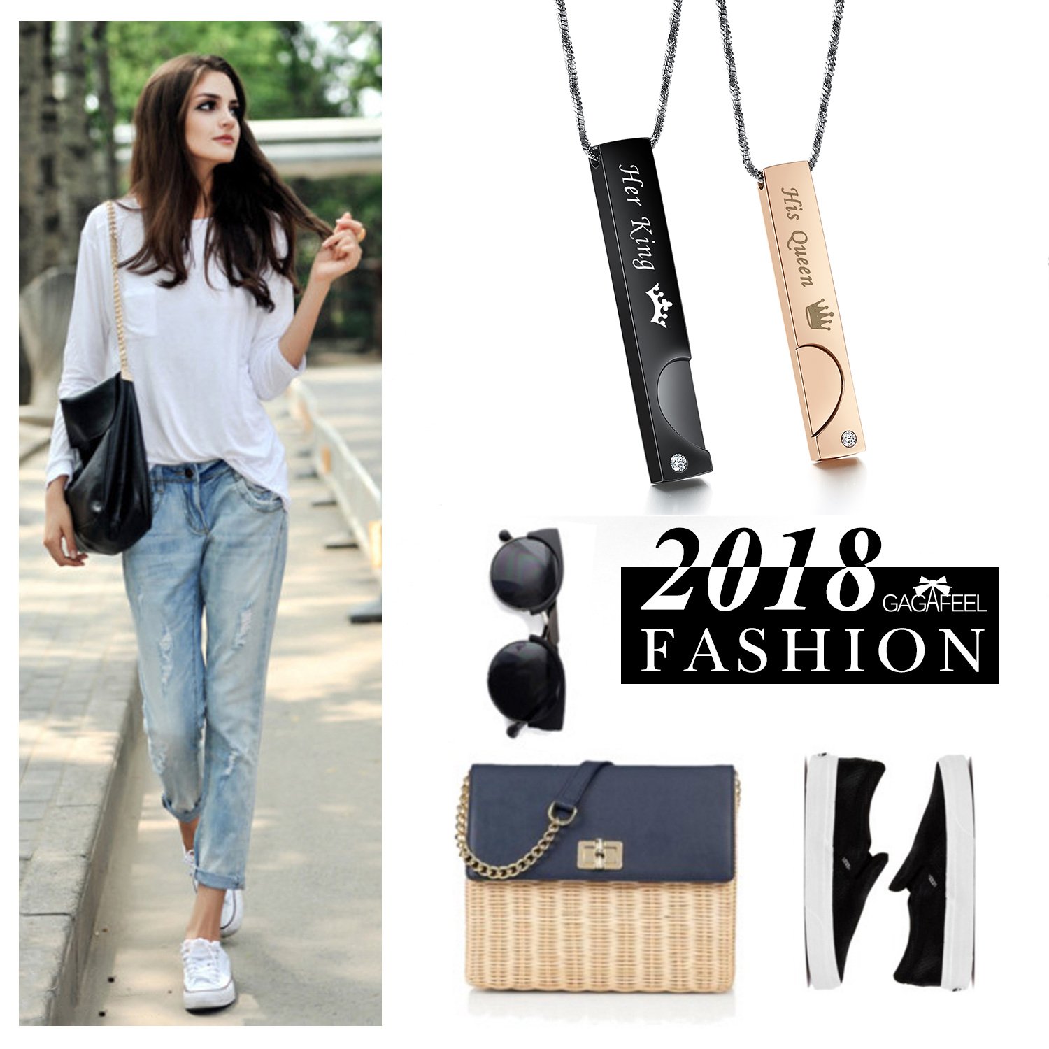 Gagafeel Couple Distance Relationship Bar Necklace His King Her Queen Heart Matching Set Stainless Steel Pendant Snake Chain (His Queen Her King)