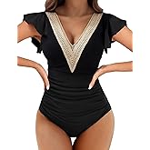 Buauty Womens One Piece Swimsuits Tummy Control Bathing Suits Deep V Lace Neckline Ruffle Swimwear Women 2026
