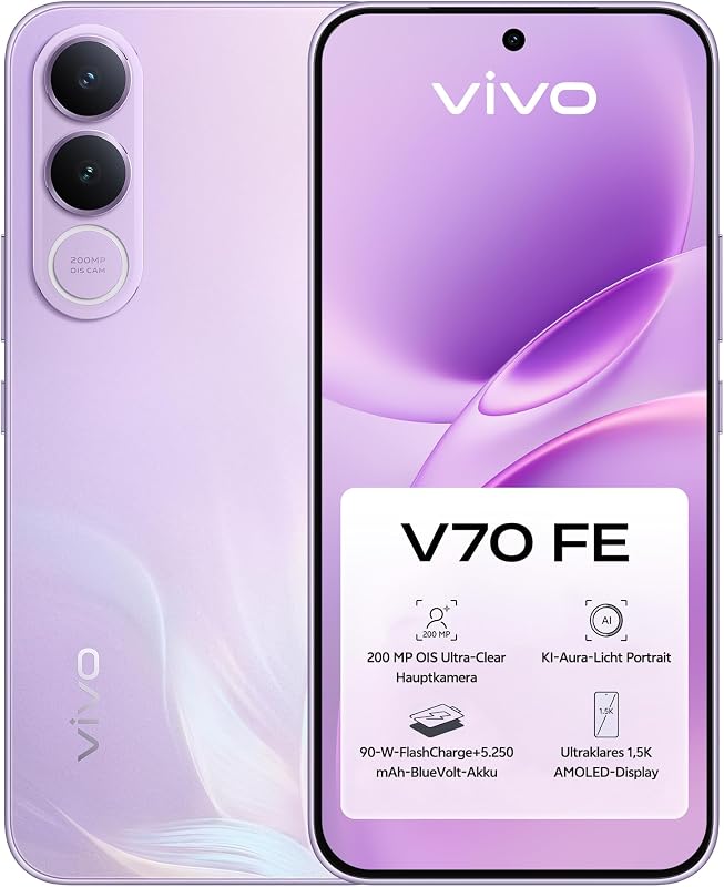 V70 FE Smartphone, gestochen scharfe OIS-Hauptkamera mit 200 MP, 8 GB RAM+256 GB ROM, 5.250-mAh-BlueVolt-Akku, 90-W-Schnellladefunktion, gestochen scharfes AMOLED-Display in 1.5K