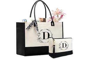 BeeGreen Initial Canvas Tote Bags Personalized Birthday Gift for Women, Embroidery Monogram with Leather Handle