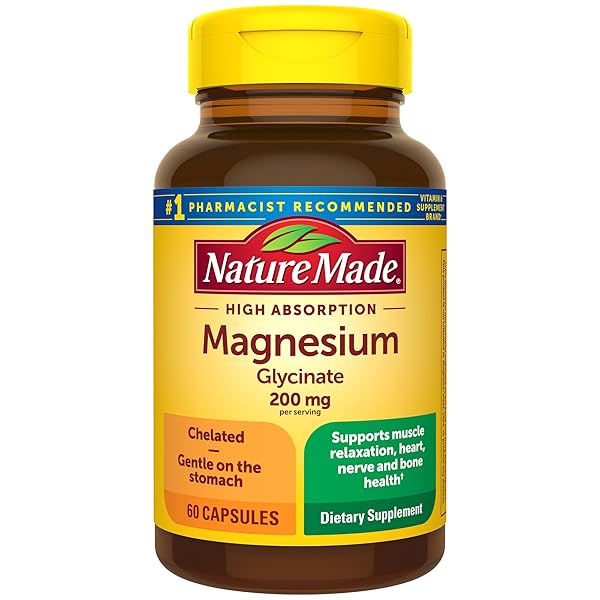 NATURE MADE MAGNESIUM GLYCINATE 200 MG PER SERVING, MAGNESIUM SUPPLEMENT FOR MUSCLE, HEART, NERVE AND BONE SUPPORT, 60 MAGNESIUM BISGLYCINATE CAPSULES, 30 DAY SUPPLY