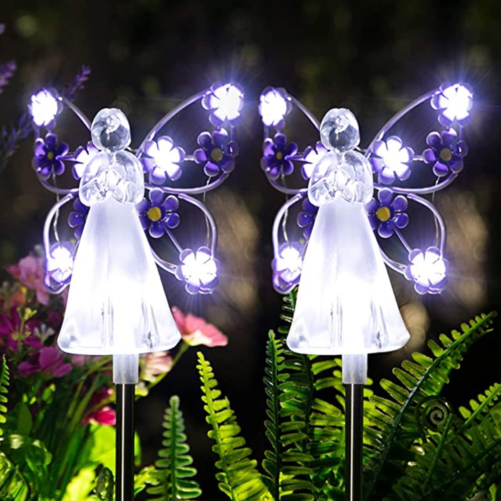 BomKra 2pcs Fairy Garden Ornaments Outdoor Solar Pathway Lights, Flower Fairy Resin Figurine Lamp for Courtyard Lawn, Birthday (Purple)