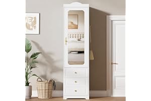 JanflyHome Armoire Wardrobe Closet, Updated White Bedroom Armoires Cabinet with Mirror Door and 3 Drawers, 15.7" W/69.5" H Clothing Storage Cabinet with Hanging Rod & Sensor Light for Bedroom-Right