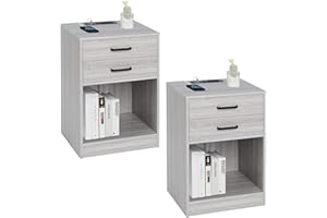 ADORNEVE Nightstands Set of 2,Grey Nightstand with Charging Station & Drawers,Night Stands for Bedrooms Set of 2