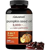 NatureBell Virgin Pumpkin Seed Oil 3,000mg Per Serving with Saw Palmetto, 240 Softgel Capsules | Cold Pressed – Rich in Omega