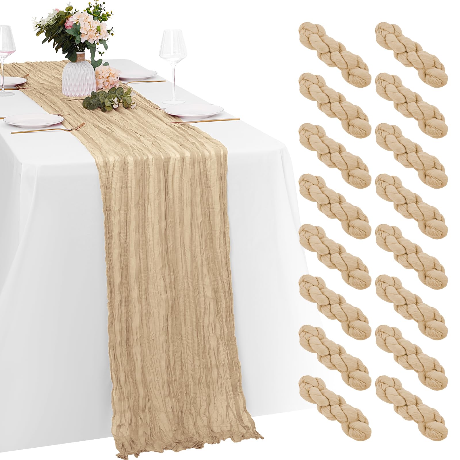 Photo 1 of 16 Pack Beige Cheesecloth Table Runners 20x120 Inch Gauze Table Runner Cheese Cloth 10FT Beige Table Runner Rustic Sheer Runner for Wedding Birthday Party Baby Shower Table Decor