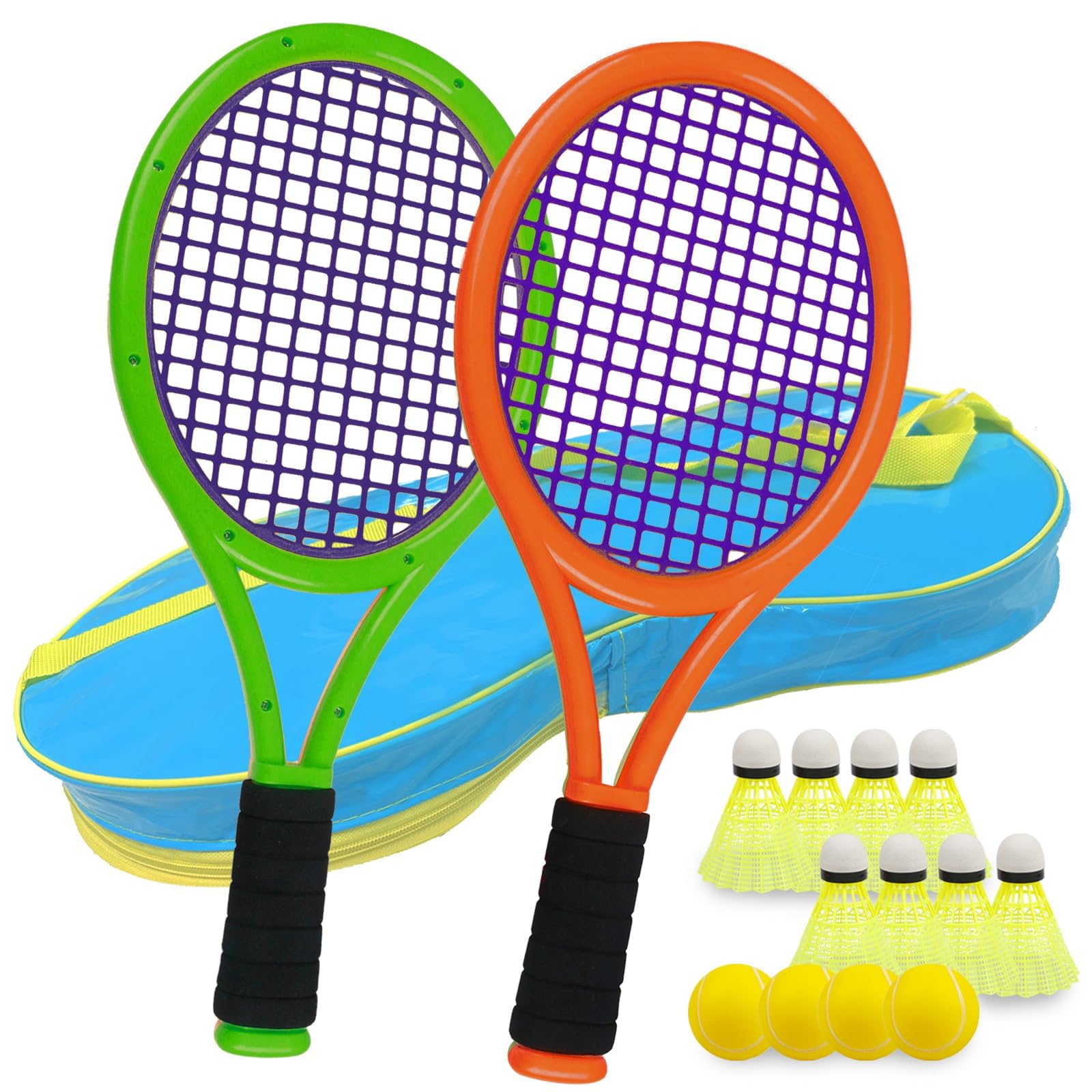 Ppbmocw Kids Tennis Rackets For Kids And Toddler Age 2~15, Kids Tennis Set Including 8 Badmintons,4 Foam Balls And 1 Carrying Bag (Dark Orange&Green)