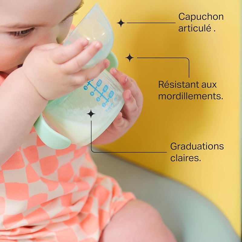 tasse à bec de transition, 150ml, anti-fuite pour nourrissons à partir de 4 mois, dotée d’un bec à sensation naturelle, résistant aux mordillements, Vert et Orange, x 2