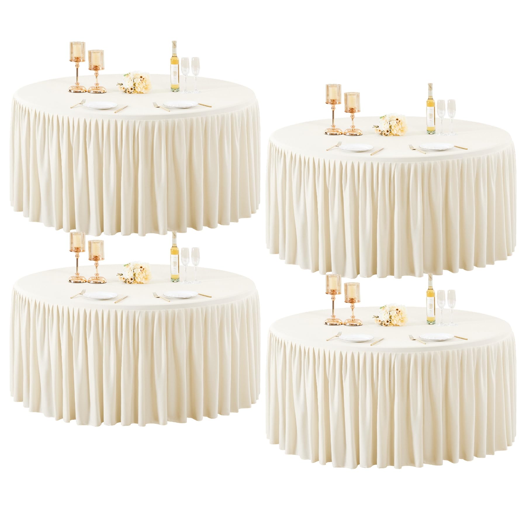 Photo 1 of 4 Pack Ivory Spandex Round Tablecloths for 60 inch Tables, Stretchy Fitted 5FT Round Table Clothes,Wrinkle Free Table Cover with Skirt for Wedding Party Dining Banquet Graduation Decorations