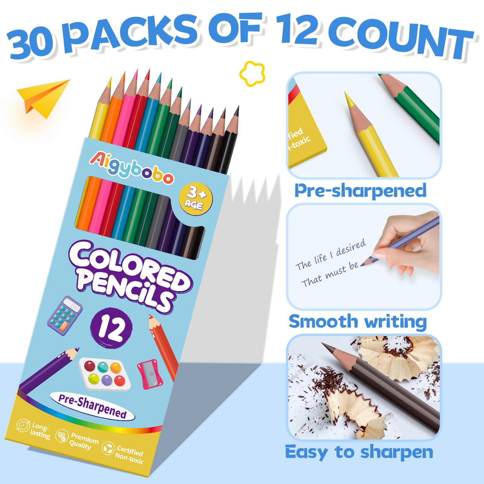 Aigybobo 360 Count Colored Pencils Bulk, 30 Pack Colored Pencils for Kids 12 Colors, Pre-sharpened Color Pencils, Bulk Coloring Pencils School Supplies for Teachers, Classroom Prizes, Art Supplies