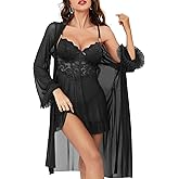 Tidouk Women Sexy Lingerie Set, 3 Piece Babydoll with Mesh Kimono Robe & Lace Panty, Lace Trim Teddy Chemise Nightwear