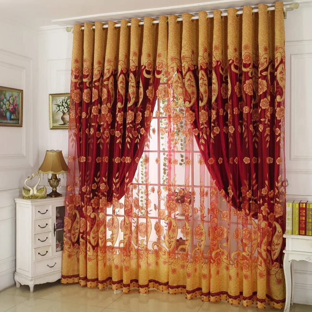 Amidoudou 1 Pair European Double Layer Curtains for Living Room Bedroom Flower and Leaf Luxury Curtains with Beads (Wine Red,66 x 96 Inch)