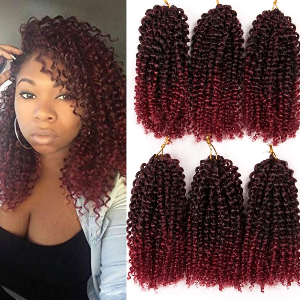 Geyashi Hair Ombre 1B/BUG Twist Hair Synthetic Crochet Braids Freetress Braiding Hair Extensions 6 Pack/Lot Curly Red Wine Color 8 Inch Synthetic Crochet Braids Marilibob Crochet Curly Braids Hair