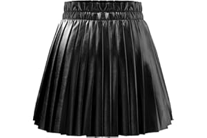 ZUNW Pu Leather Skirts for Girls Kids & Teen Elastic Waist Faux Leather Pleated Skirt with Built-in Shorts, 6-14Years