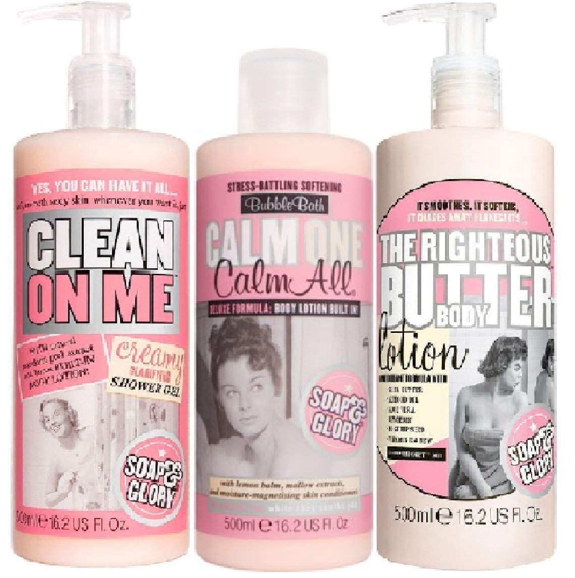 (3 PACK) Soap & Glory Clean On Me Clarifying Shower Gel x 500ml & Soap & Glory Calm One Calm All Bubble Bath x 500ml & Soap & Glory The Righteous Butter Body Lotion x 500ml