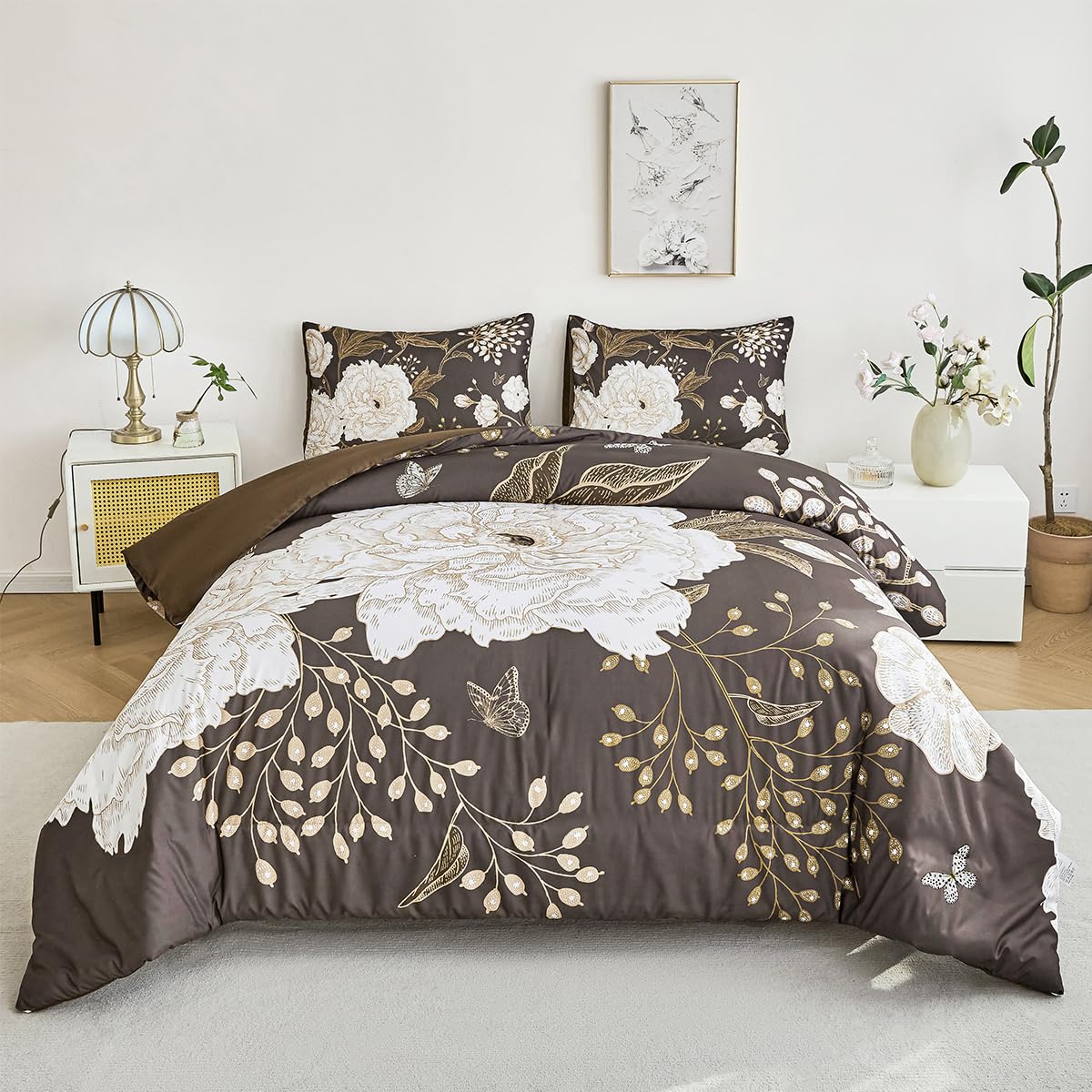 STYHO Floral Duvet Cover Brown King Size 3Pcs White Gold Blossom Flowers Bed Cover Soft Luxury Botanical Butterfly Printed Duvet Cover Sets for All Seasons(Brown, King)