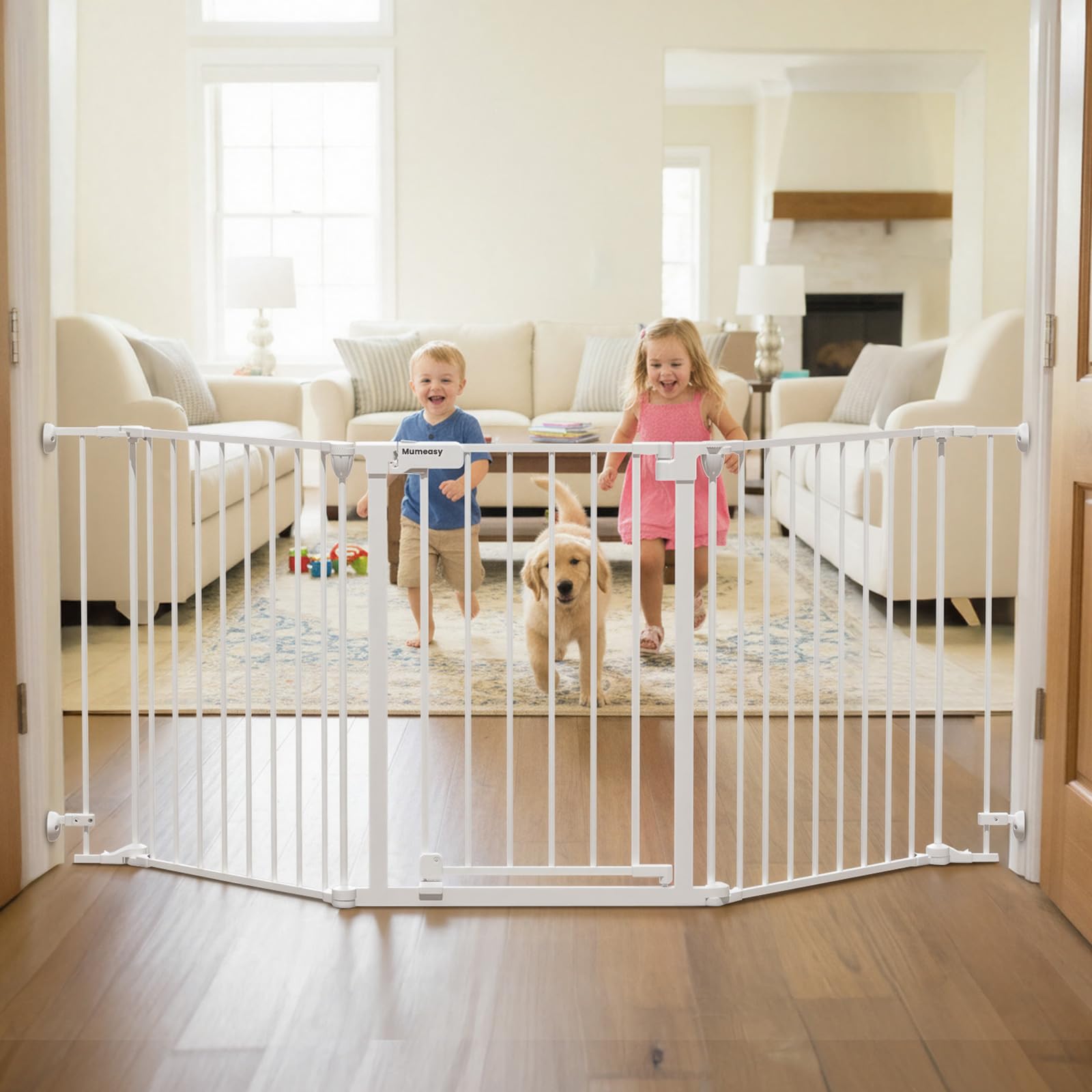 Mumeasy 80" Extra Wide Baby Gate for Doorways, Stairs & Fireplace, Auto Close Dog & Pet Gate with Walk Thru Door, 3 Metal Panels, Hardware Mounted Child Safety Fence for House, Indoor/Outdoor, White