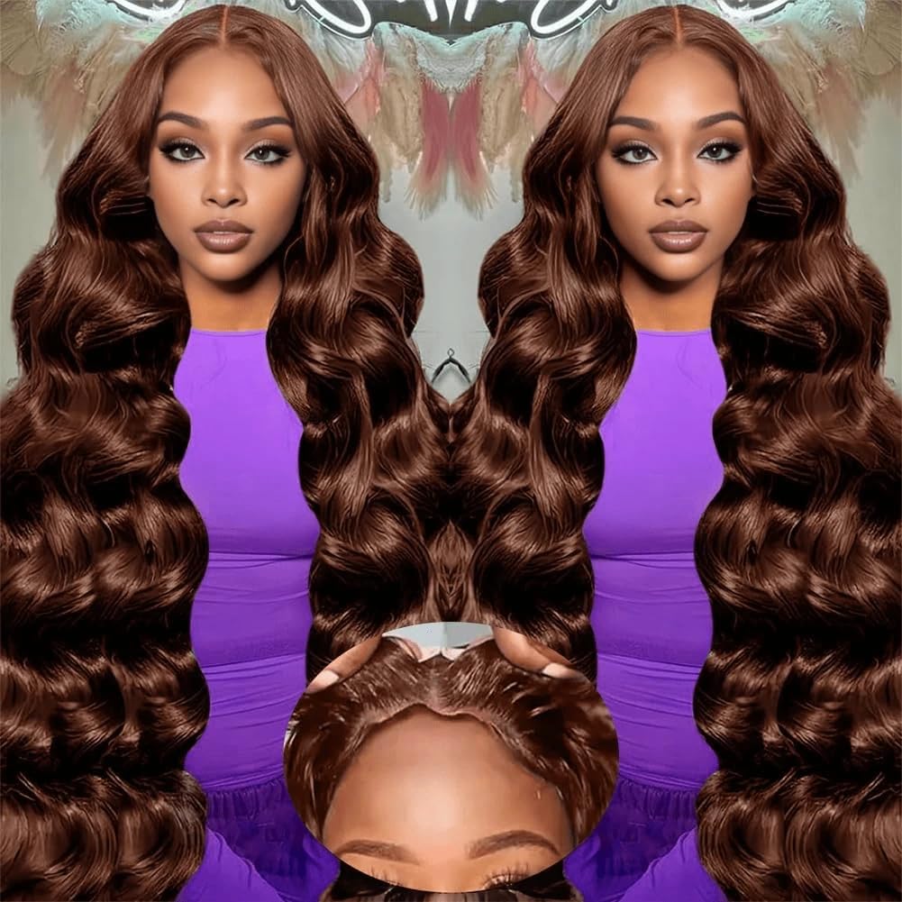 Photo 1 of Hevgf 28 Inch Chocolate Brown Lace Front Wig Human Hair 9x6 Brown Glueless Wigs Human Hair Pre Plucked Pre Cut 220 Density Wear and Go Glueless Wig with Baby Hair Brown Body Wave Wig for Women