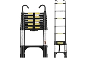 BOWEITI Telescoping Ladder 10.5 FT with 2 Detachable Roof Hooks Aluminum Telescopic Extension Ladder with 2 Triangle Stabilizers, Multi-Purpose Collapsible Ladder for Household and Outdoor Working