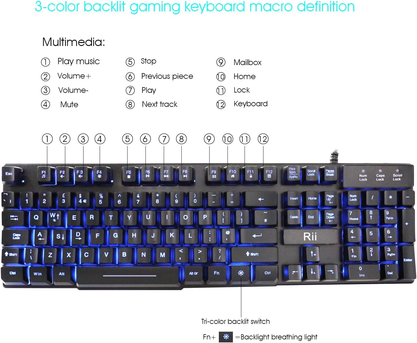 Rii Gaming Keyboard, RK100 Light Up Keyboard Mechanical Feeling Keyboard with 3 Single LED Backlit Color (Red/Purple/Blue)-UK Layout - Image 3