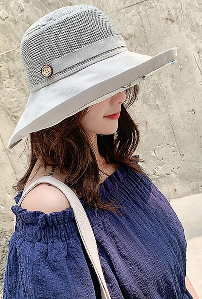 Summer Mesh Sun Hats for Women Lightweight Beach Hat Floral UPF50+ Packable Wide Brim Bucket Hat with Chin Strap Grey: Clothing
