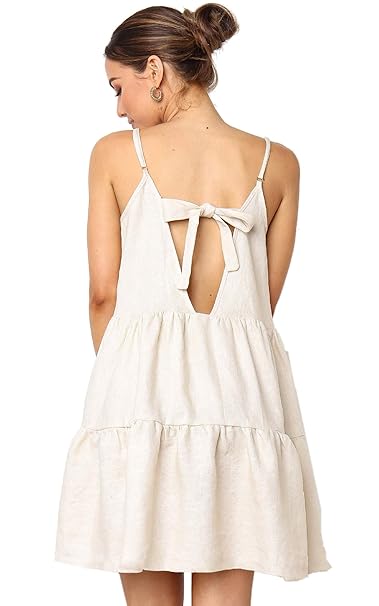 Angashion Damen Sommerkleid Einstellbar Spaghettiträger Minikleid Rückenfrei Fliege Knoten Strandkleider