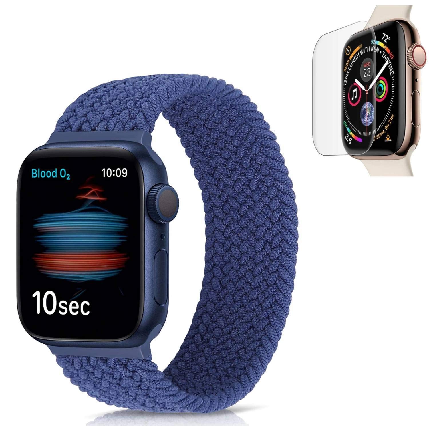 2 in 1 KG20 Nylon Braided Solo loop Fabric Strap/Band + FREE SCREEN PROTECTOR FILM Compatible with Apple Watch series 7 / 6/SE/5/4/3/2/1 (42mm-44mm (M), BLUE)