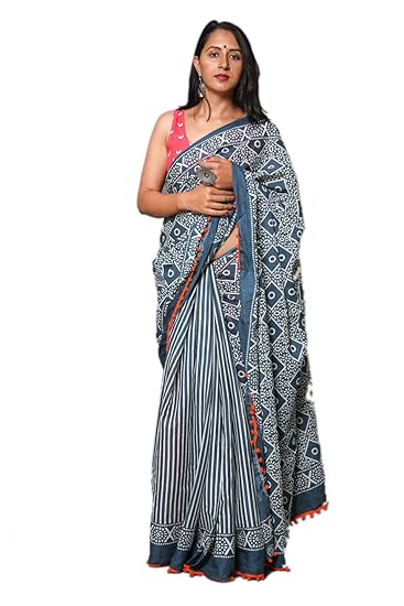 Hand Block Cotton Mulmul Saree with Blouse (Jaipuri Print)