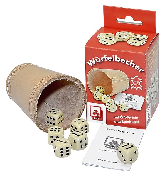 NSV - 8004 - WÜRFELBECHER mit 6 Würfeln und Anleitung in der Faltschachtel, leder - Würfelspiel