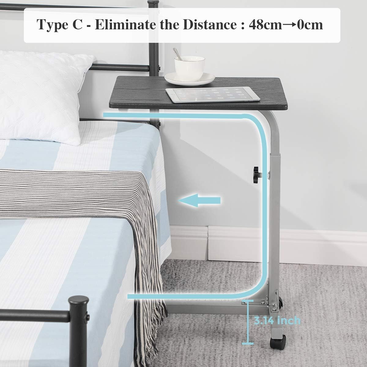 Coavas Over Bed Table C Side Rolling Table with Lockable Wheels, Medical Portable Notebook Laptop Desk 3 Adjustment Levels, TV Tray Table for Eating Breakfast, Black (18.9x14.6x26.4-31.1 inch): Kitchen & Dining