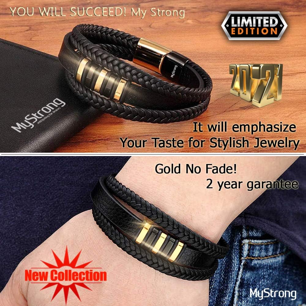 MyStrong Men's Leather Bracelet Stainless Steel Magnetic Clasp - Stylish Braided Mens Bracelets Wrist - Multilayer Leather Cuff Bracelet Magnet Closure - Charm Leather Bracelet for Men Women, Black: Clothing