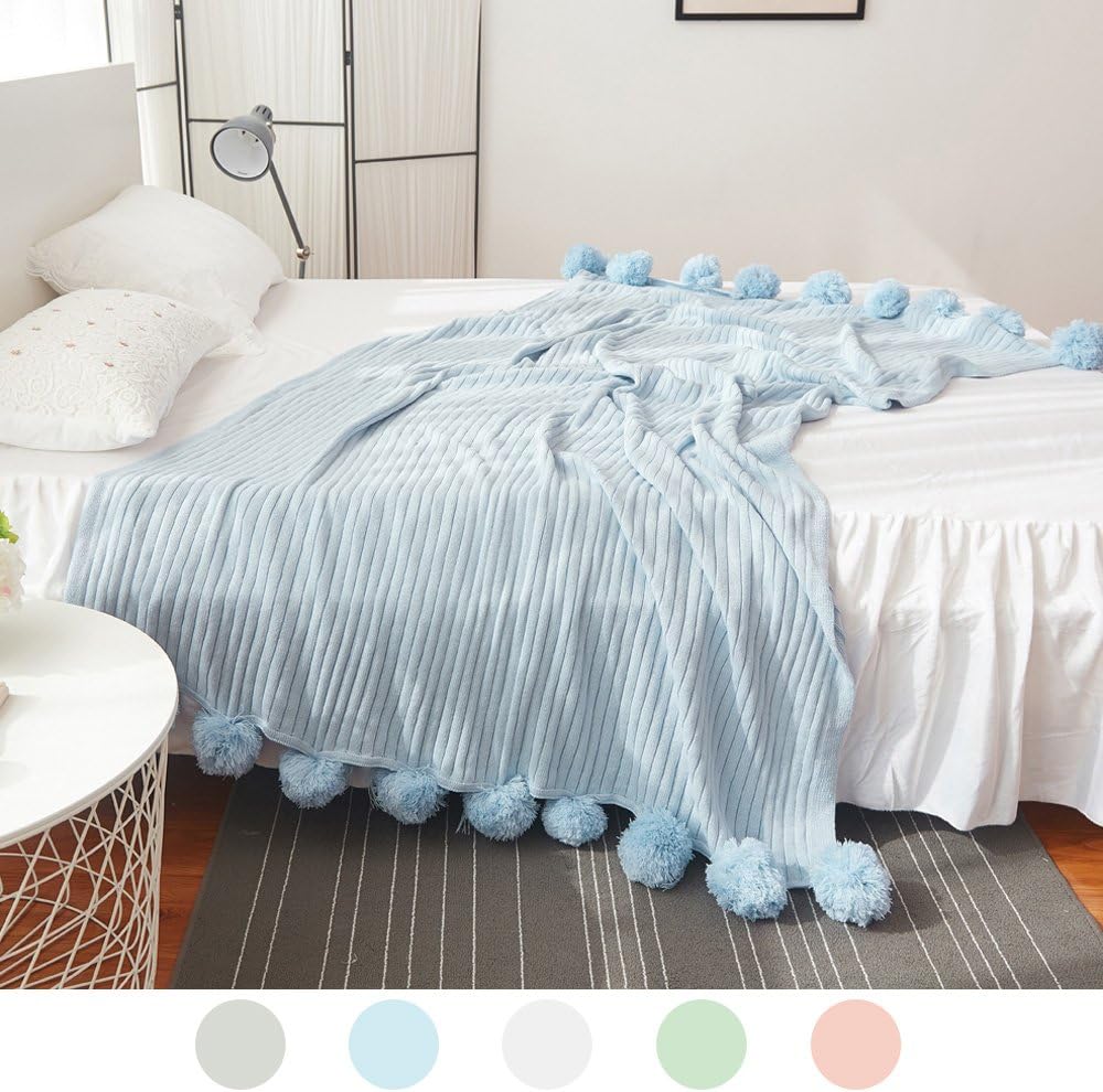 ZHIMIAN Reversible 100% Cotton Knit Throws Pompoms Fringe Solid Hypoallergenic Blanket(59" WX79 L SkyBlue)