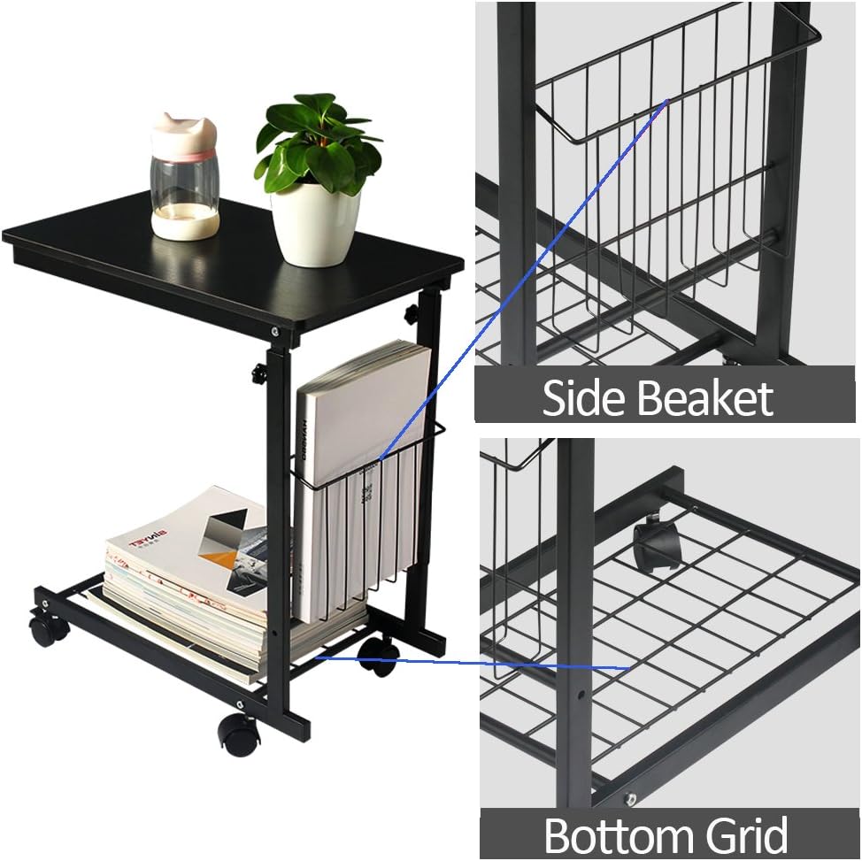 micoe Sofa Side Table with Wheels Couch Table That Slide Under with Storage Shelves C Style Height Adjustable for Home/Room/Office(Black): Kitchen & Dining